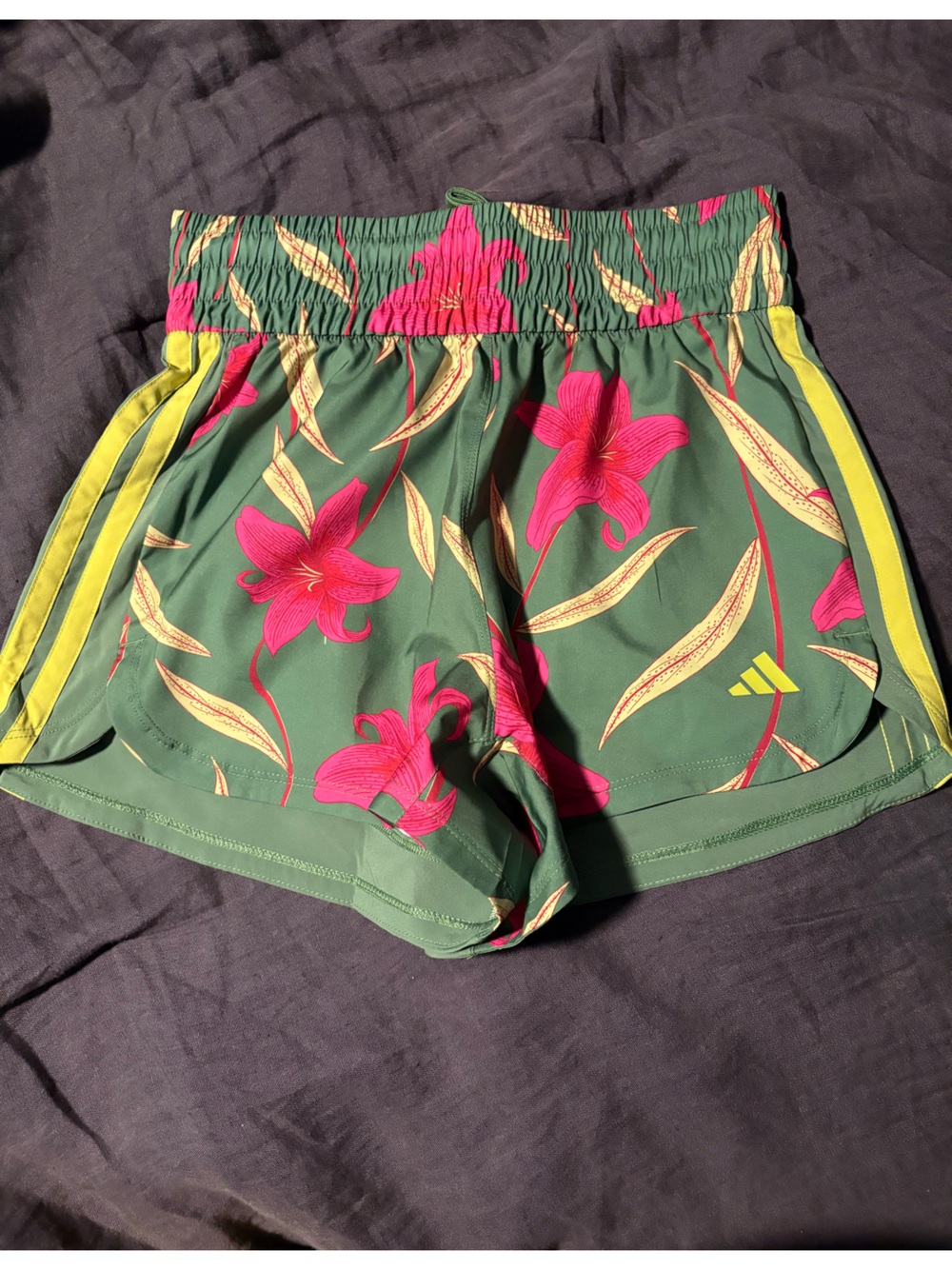 adidas Green Floral Athletic Shorts with Pink Flower Print